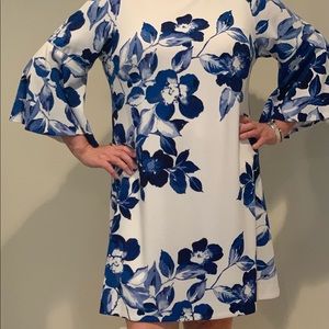 Eliza J Blue and White Bell Sleeve Dress